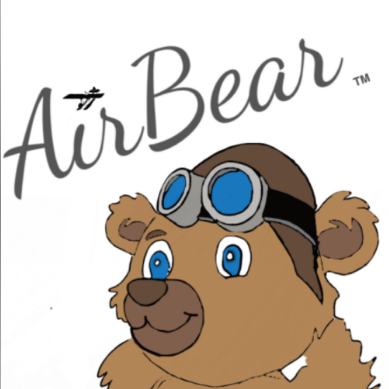 Friendly brown bear mascot with pilot goggles representing AirBear